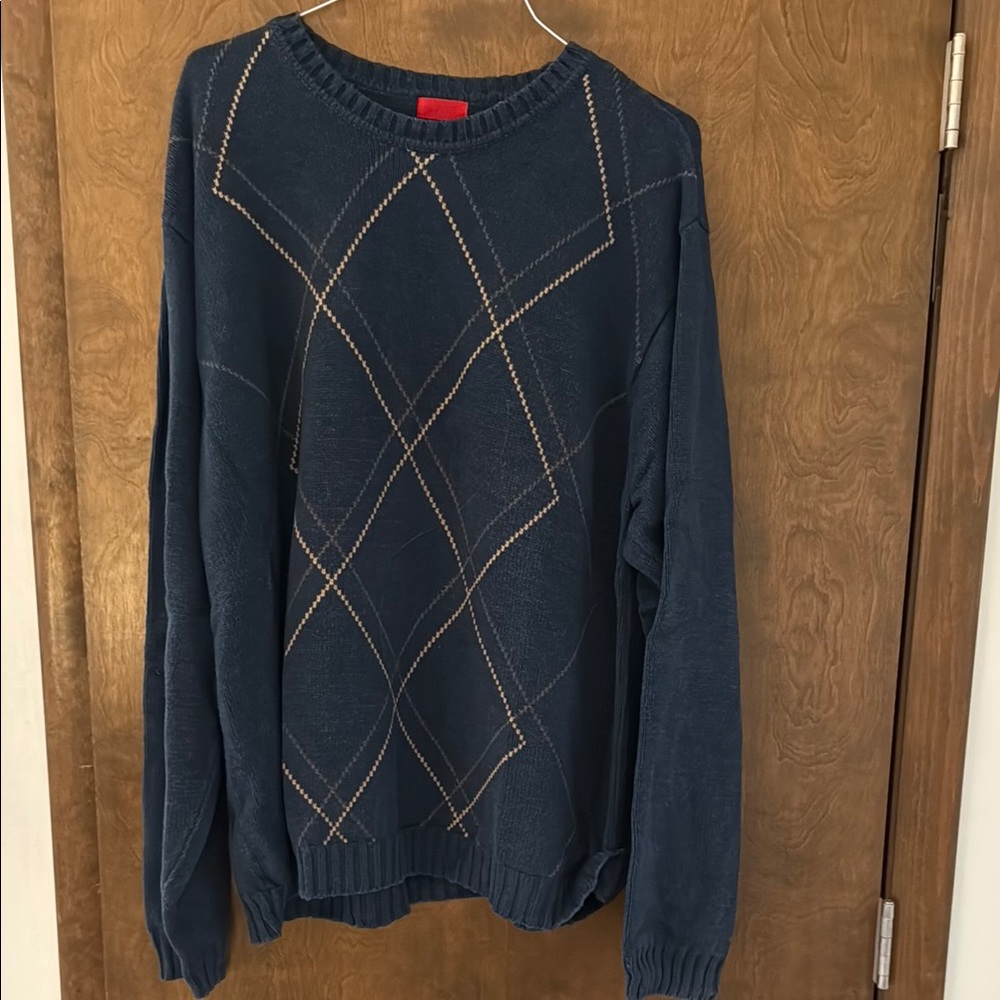 Izod Men's Navy Crewneck Sweater with Tan Argyle